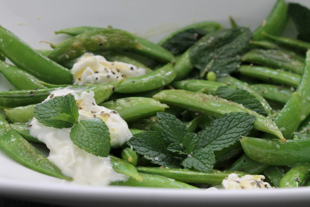 Charred Sugar Snap Peas with Burrata and Mint